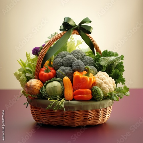 Organic vegetables and fruits in wicker basket