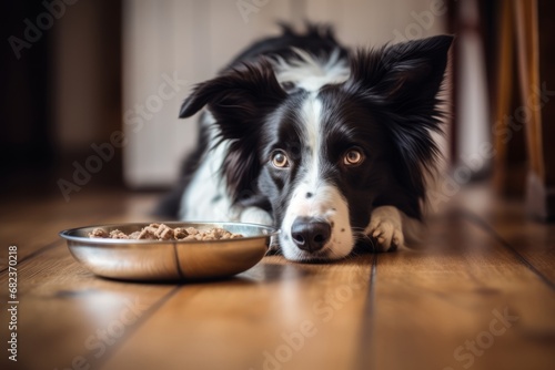 An obedient dog on the wooden floor near a bowl of food and waits for permission. Charming black and white border collie. Generative AI.