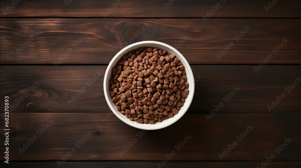 Dry dog or cat food in bowl on wooden table top view, Background with copy space for pet store. Generative AI. Dry dog or cat food in bowl on wooden table top view, Background with copy space for pet store. Generative AI.