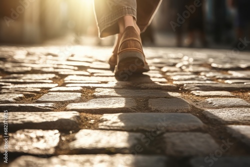 Feet of Jesus Christ standing on old road. Christianity, gospel, salvation, discipleship concept photo