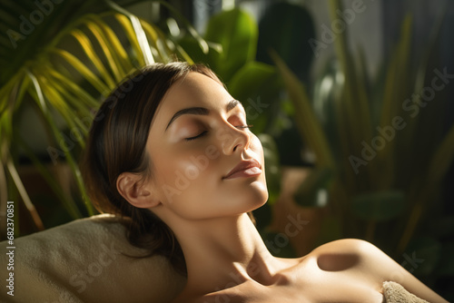 A relaxed, naturally beautiful woman unwinds with closed eyes in a wellness and spa zone, surrounded by greenery.