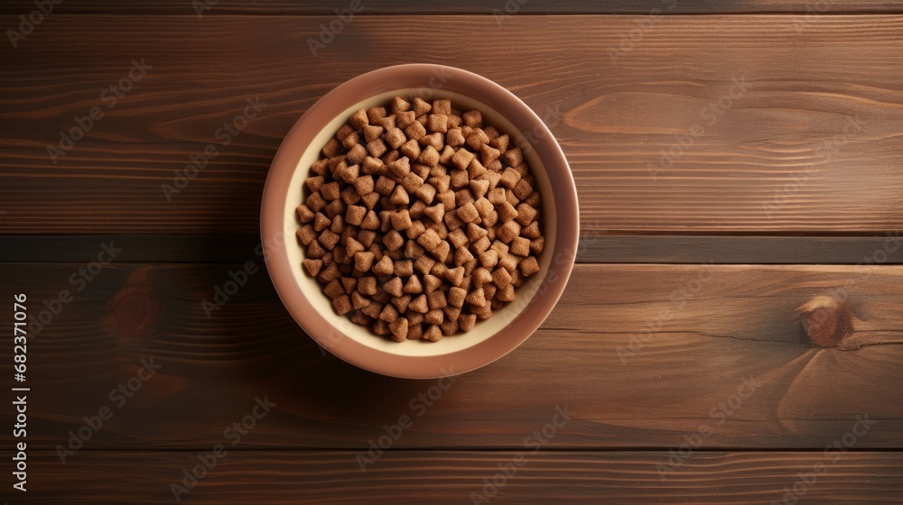 Dry dog or cat food in bowl on wooden table top view, Background with copy space for pet store. Generative AI. Dry dog or cat food in bowl on wooden table top view, Background with copy space for pet store. Generative AI.