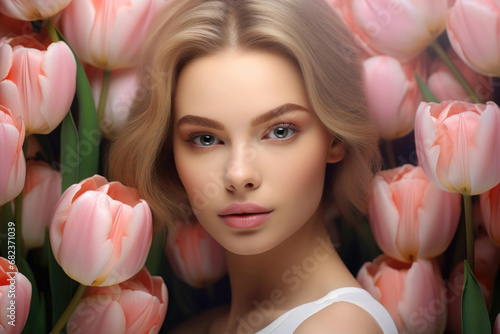 Pretty woman close-up among blooming tulips