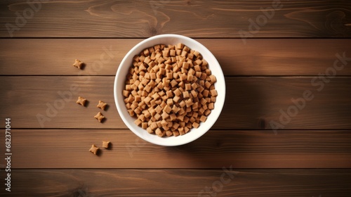 Dry dog or cat food in bowl on wooden table top view, Background with copy space for pet store. Generative AI.