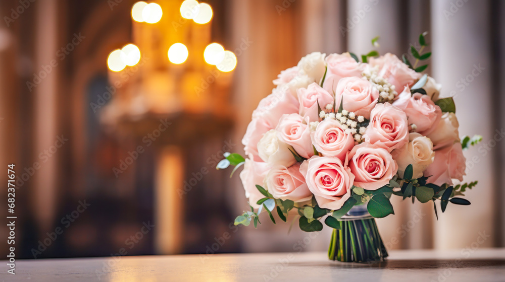Obraz premium Romantic soft pink rose bouquet, poised for a wedding against a warm church interior backdrop with burning candles, symbolizing matrimonial bliss and sacred vows. Wedding concept. Copy space