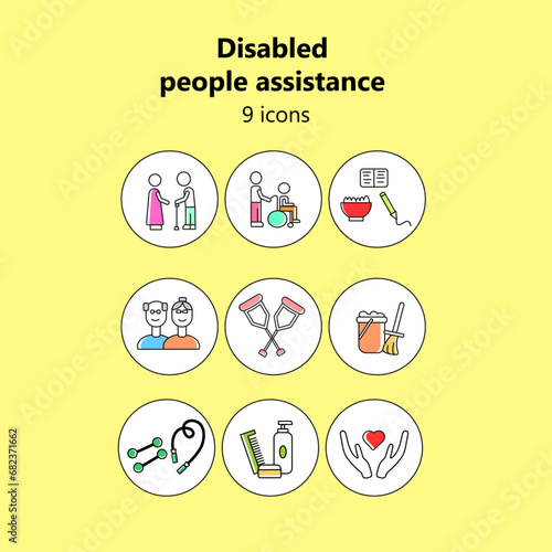 Set of disabled people assistance Icons. Simple line art style icons pack. Vector illustration