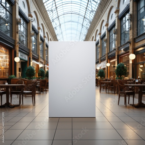Plain blank white discount board banner display background mockup in restaurant and mall for promotion, discount, design, decoration, business, advertising etc, Generative Ai Image
