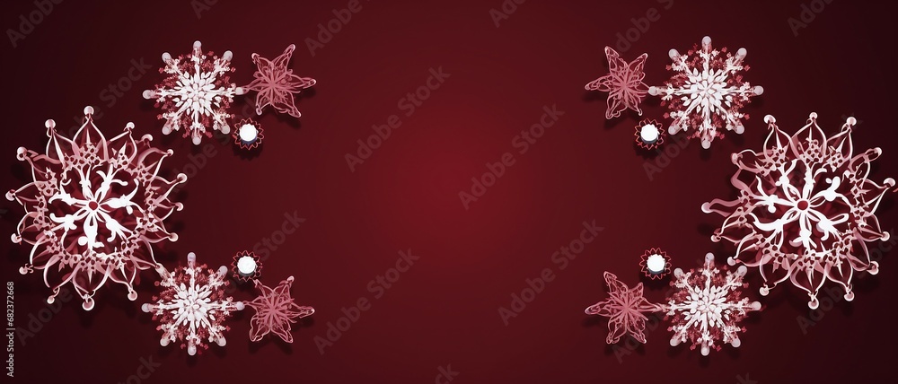 Snowflake border,Christmas background with white snowflakes frame on a maroon  background with copy space .
