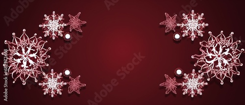 Snowflake border,Christmas background with white snowflakes frame on a maroon background with copy space . 