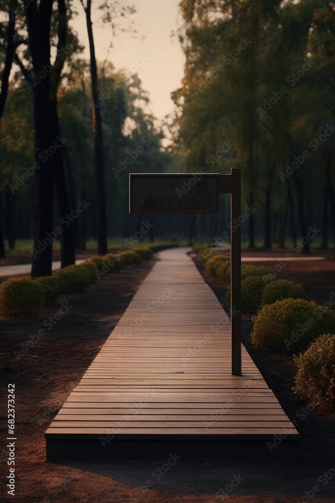 An empty trail in a peaceful park with signboards for product mockup  AI generated illustration