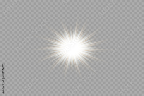 White glowing light explodes on a transparent background. with ray. Transparent shining sun, bright flash.