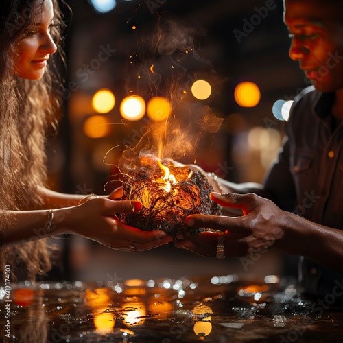   two people taking a hand to a red rose in front of a fire Valentines Day  Propose day   Valentines Day date.  