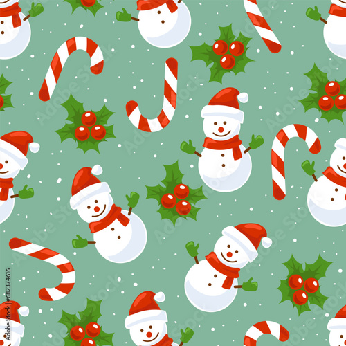 Christmas seamless pattern. Colorful background includes snowman, candy cane, holly berries, snow. Festive, winter pattern. Cartoon. Vector illustration.