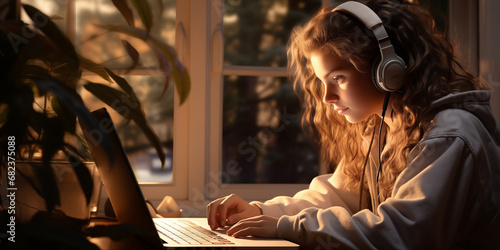 A little girl studies independently at home on her computer and with headphones photo