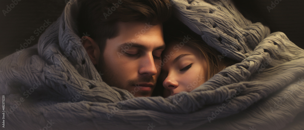 A couple snuggled up under a warm blanket, couple photography, Generative ai A couple snuggled up under a warm blanket, couple photography, Generative ai