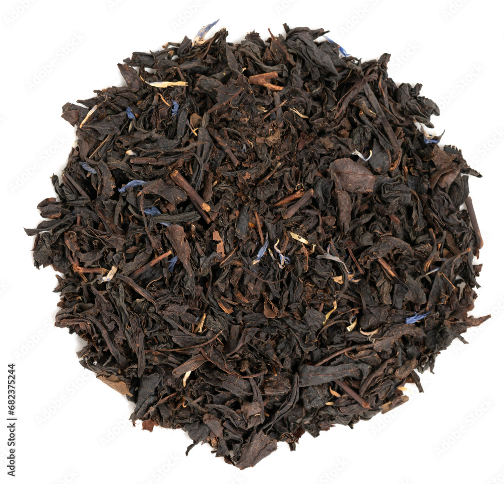 Pile leaf tea with various additives isolated on white background, top view. Heap of dried tea Pile leaf tea with various additives isolated on white background, top view. Heap of dried tea
