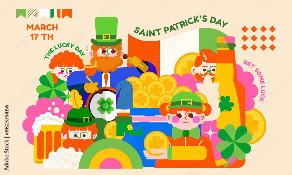 Obraz premium Bright modern illustration for St. Patrick's Day. A jolly gnome, leprechauns, shamrocks, beer, lots of shiny gold in a pot. Get into the holiday spirit with green and Irish colors.