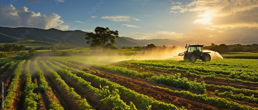 In the backdrop of a stunning sky, a tractor is seen spraying water or pesticide fertiliser on a soybean patch.. - obrazy, fototapety, plakaty 