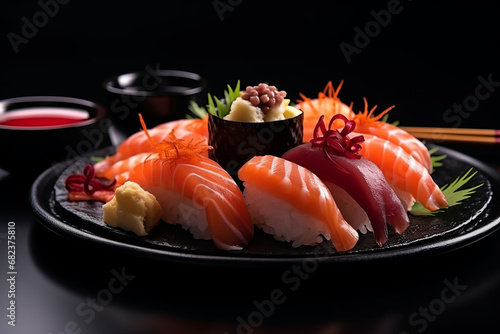 Sushi and sashimi served on black plate