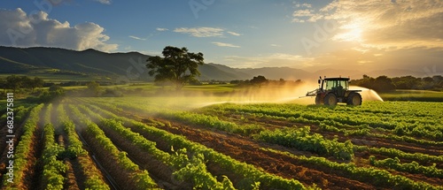 In the backdrop of a stunning sky, a tractor is seen spraying water or pesticide fertiliser on a soybean patch..
