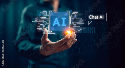 Ai tech, businessman show virtual graphic Global Internet connect Chatgpt Chat with AI, Futuristic technology transformation. Businessman holding hologram digital chatbot, chat GPT, robot application.