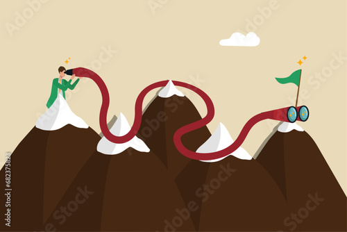 leadership or creativity to overcome difficulty or obstacle and success, challenge or decision to win concept, Find a solution and see the future, The businessman is observing the future with his came