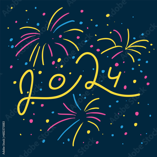 Festive fireworks in the night sky. Calligraphy of numbers 2024. New year and christmas celebration with salute. Illustration in flat cartoon graphic style. Handwritten text on a dark background.