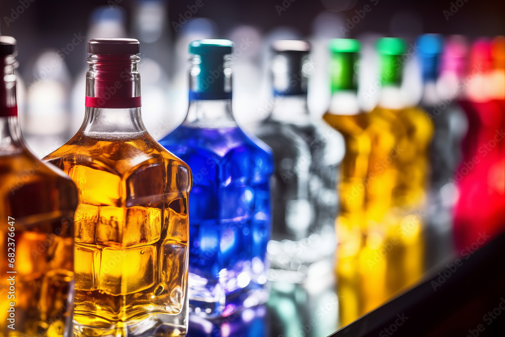 Row of colorful bottles of alcohol on ice cubes Row of colorful bottles of alcohol on ice cubes