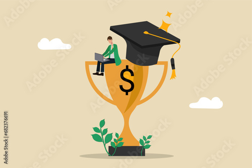 knowledge and education for business challenge, motivation or ambition to learn new skill concept, Business man checking behind his laptop sitting on cup of financial success