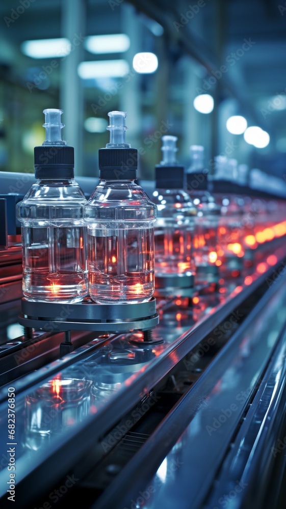 Close-up of a pharmaceutical factory's modern background with a production line for medical ampoules. industrial conception of science and engineering.. Close-up of a pharmaceutical factory's modern background with a production line for medical ampoules. industrial conception of science and engineering..