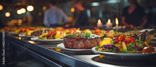 Beautiful meat plate close-up with blurry chef preparing food in sleek, contemporary kitchen with bokeh lighting in the backdrop .