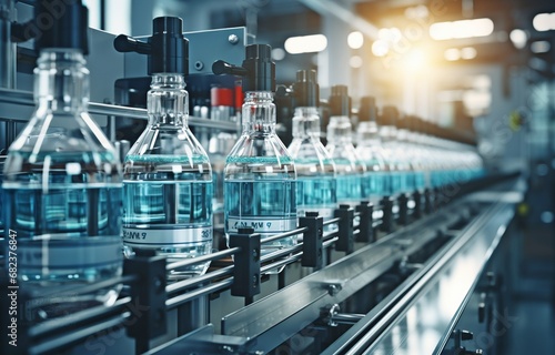 Close-up of a pharmaceutical factory's modern background with a production line for medical ampoules. industrial conception of science and engineering..