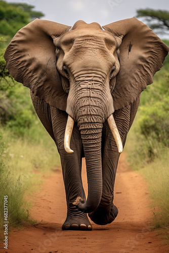 A big bull elephant with huge tusks charges head on with his ears