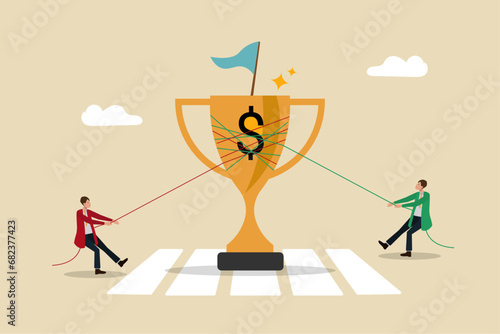 Business competition, effort concept, motivation to success, rivalry or conflict, contest or challenge to achieve target, Two men competing to win the cup