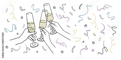 Continuous line yellow champagne cheers one line art, continuous drawing contour on white background. 3 Wine glasses with drinks. Cheers toast festive decoration for holidays. Vector illustration