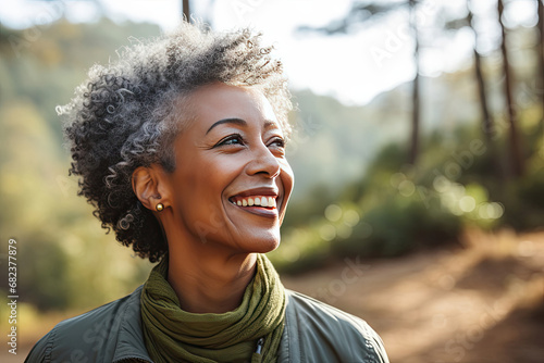 Portrait of a joyful African-American woman enjoying freedom in nature