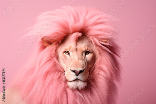 Lion with a pink mane. Animal hairstyle. Generative AI © Oleksandr