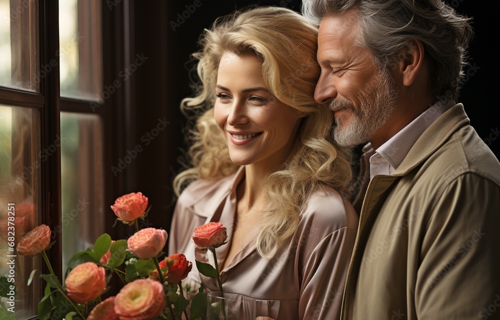 Valentine's Day photo: contented older woman gazing at beau while holding flowers.