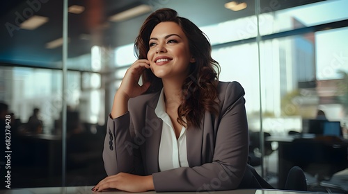 Plus size business woman model in a suit, in office, african american girl
