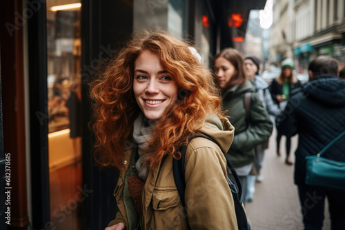 Felicidad Urbana: Joven Mujer Disfrutando un Paseo Sonriente por la Ciudad photo
