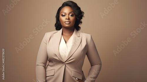 Plus size business woman model in a suit, in office, african american girl