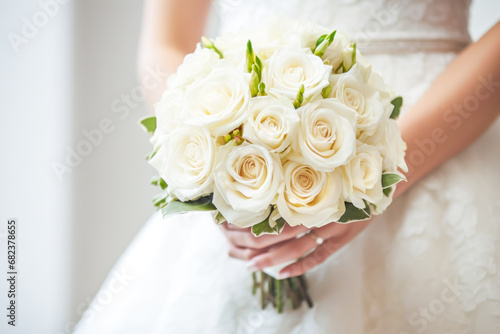 Bride holding traditional wedding bouquet of white roses on wedding ceremony on blurred white interior background with burning candles. Concept of wedding and love