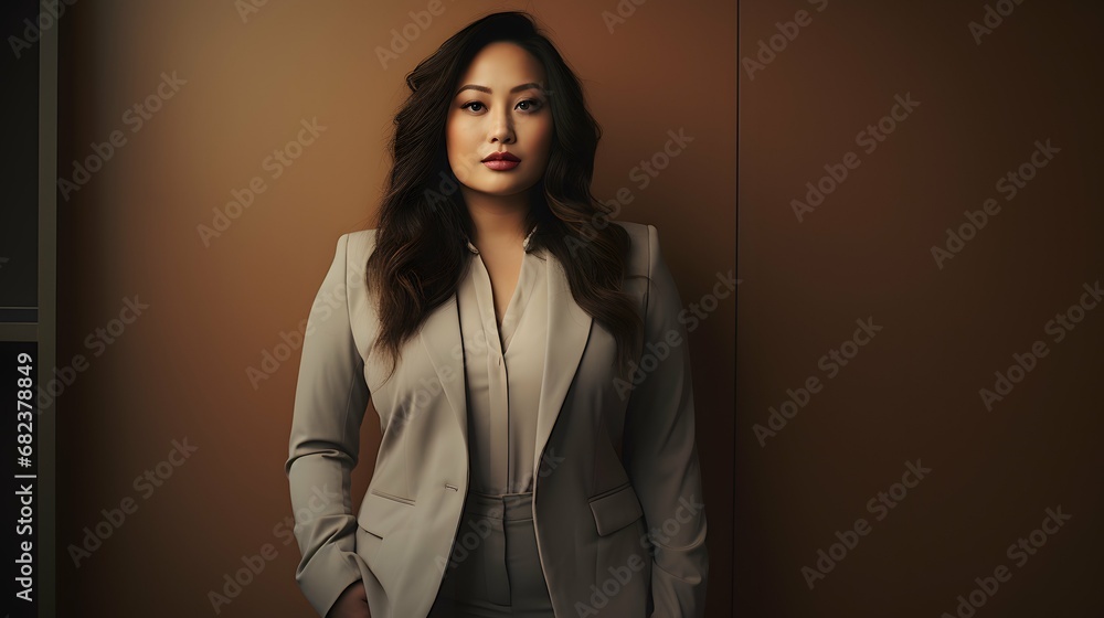 Plus size cute business woman model in a suit, in office