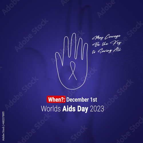 Poster design for World AIDS Day 2023, featuring a red ribbon symbol and a hand outline on a purple background photo