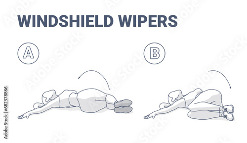 Windshield Wipers Female Exercise Black and White Outlined Guide Illustration
