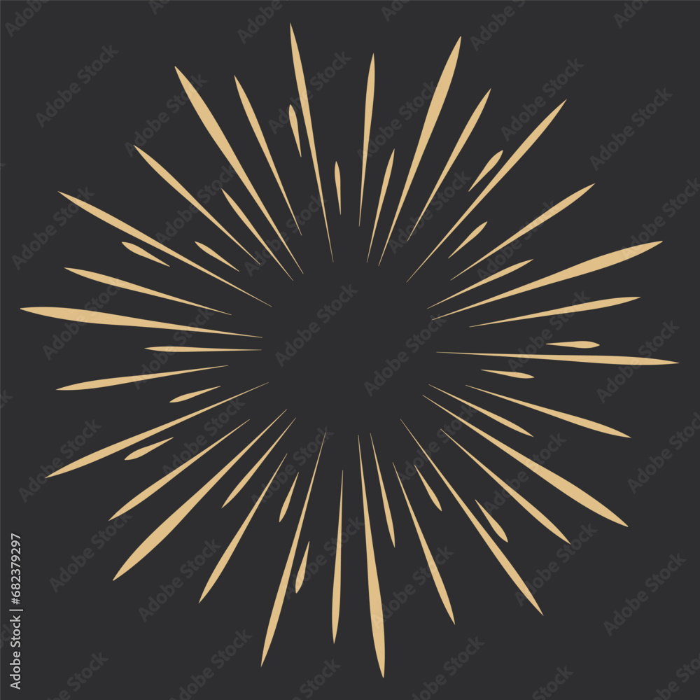 Obraz premium Golden Fireworks, rays, sunburst frames circle border decoration, sparkle in doodle style, line sketch explosion isolated on dark background.