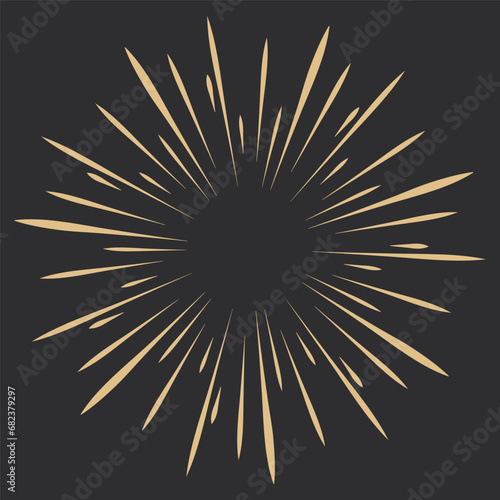 Golden Fireworks, rays, sunburst frames circle border decoration, sparkle in doodle style, line sketch explosion isolated on dark background.