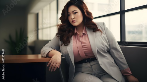 Plus size beautiful business woman model in a suit, in office