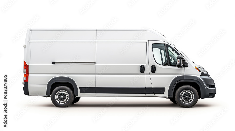 Side view of a modern white delivery van, positioned against an isolated background, representing transportation and courier services.
