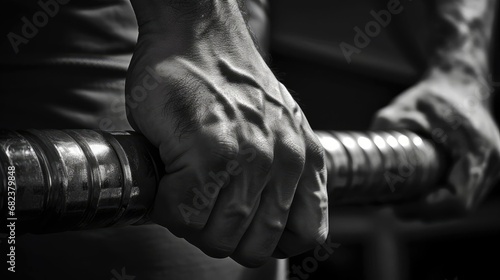 Muscular male arms and barbell bar